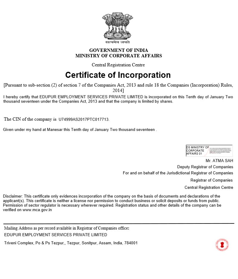 Certificate of Incorporation - Ministry of Corporate Affairs, Government of India